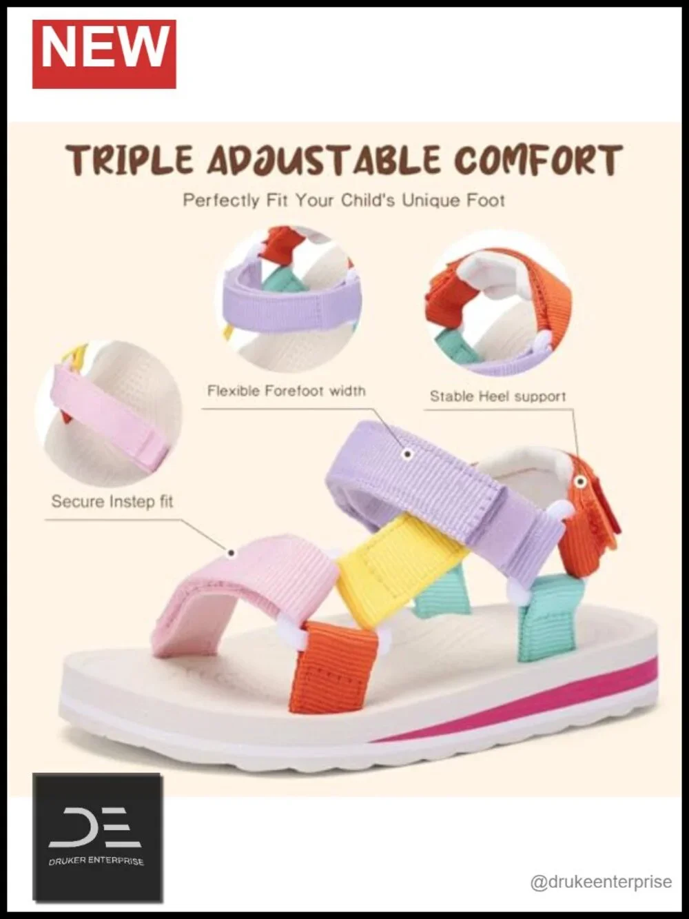 Toddler Water Sandals Triple Adjustable Open Toe Kids Sport Sandals Quick-Dry